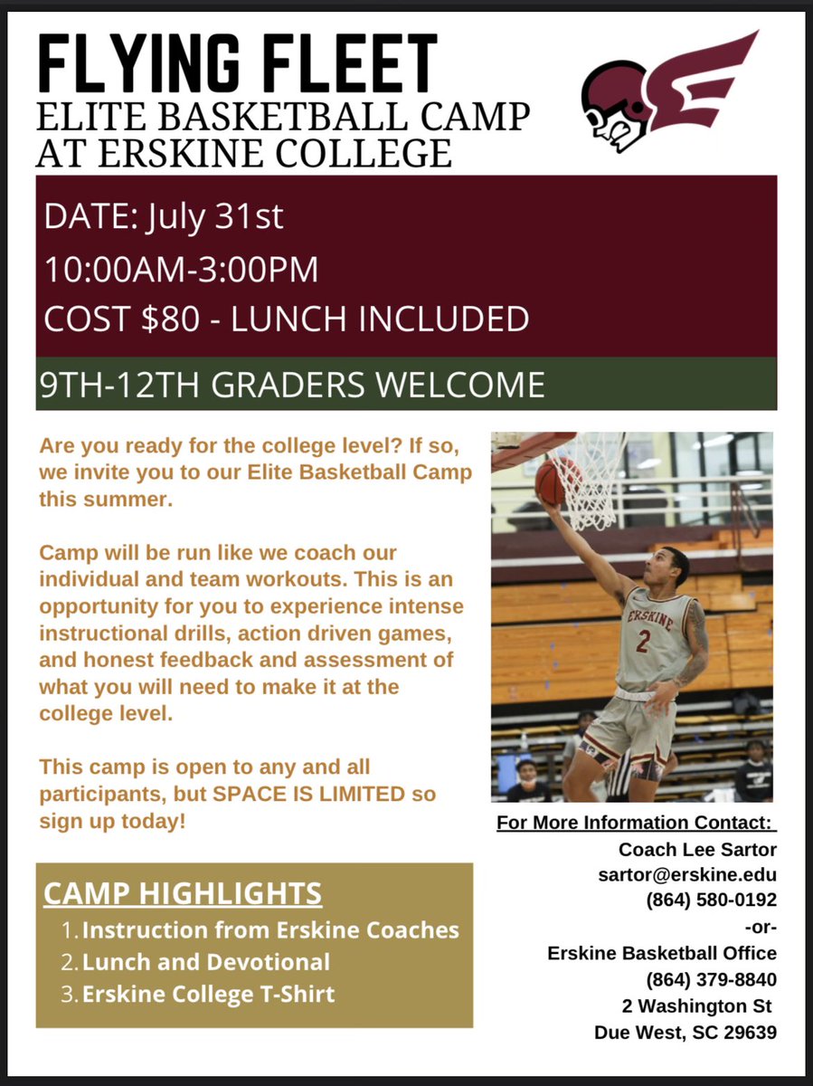 Seeking an opportunity to play in college? Join me and the Erskine Men’s for our Elite Camp on July 31st!