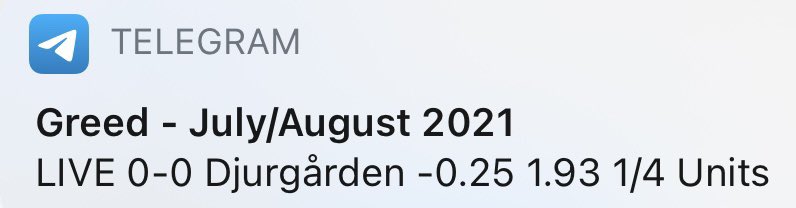 Två spel vart det till slut i #kalmarff #djurgården och så nära jackpot efter två stora Djurgårdslägen som missades sent. 

LIVE 0-0 Djurgården -0.25 1.93 1/4 units ✅
LIVE 0-1 Djurgården +0 1.74 1/4 units 🔁

Nya matcher 17:30 - häng på då 🤝