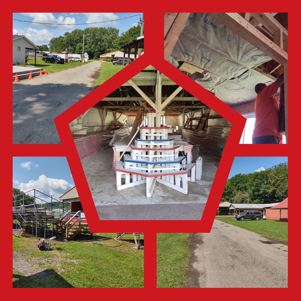 FairParade's tweet photo. It's a hot and busy Sunday morning at the Fair Grounds today!  
Hats off to the volunteers working hard to get bleachers, buildings, etc ready for next week!  
That's right!  One week from tomorrow your fair opens!! 2021 and we're back!! https://t.co/A4DFn8N5Kg