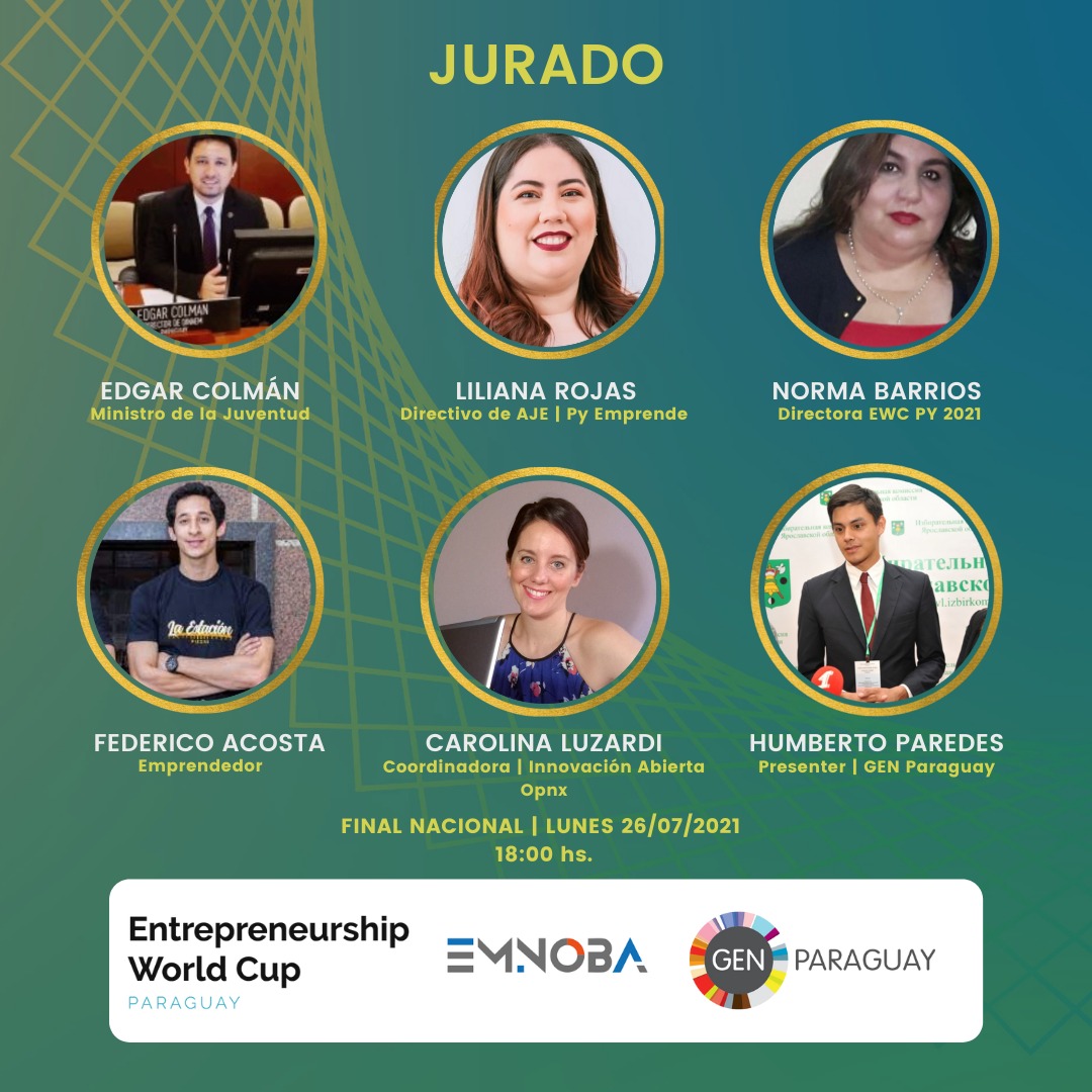 GENParaguay's tweet photo. #EWC2021Py Entrepreneurship World Cup - Copa Mundial de Emprendedores.
Miembros del Jurado – lunes 26 julio, 18:00 hs
- Edgar Colmán
- Liliana Rojas
- Norma Barrios
- Federico Acosta
- Carolina Luzardi
https://t.co/ND4Gb5djDU https://t.co/XD0avfAGXF