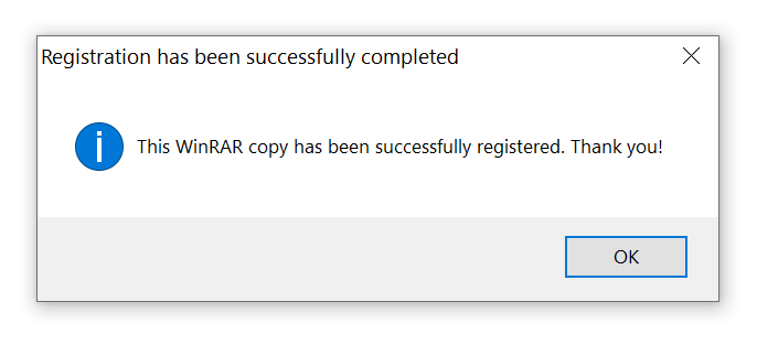 A Windows popup saying "This WinRAR copy has been successfully registered. Thank you!"