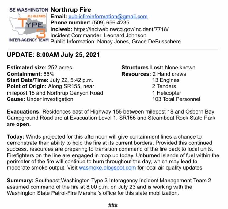 SE_WA_IMT's tweet photo. #Northrupfire update: resources are mopping up today and preparing to transfer command of the incident back to local units tomorrow. 
#WAwildfire https://t.co/OMVg12AWwG
