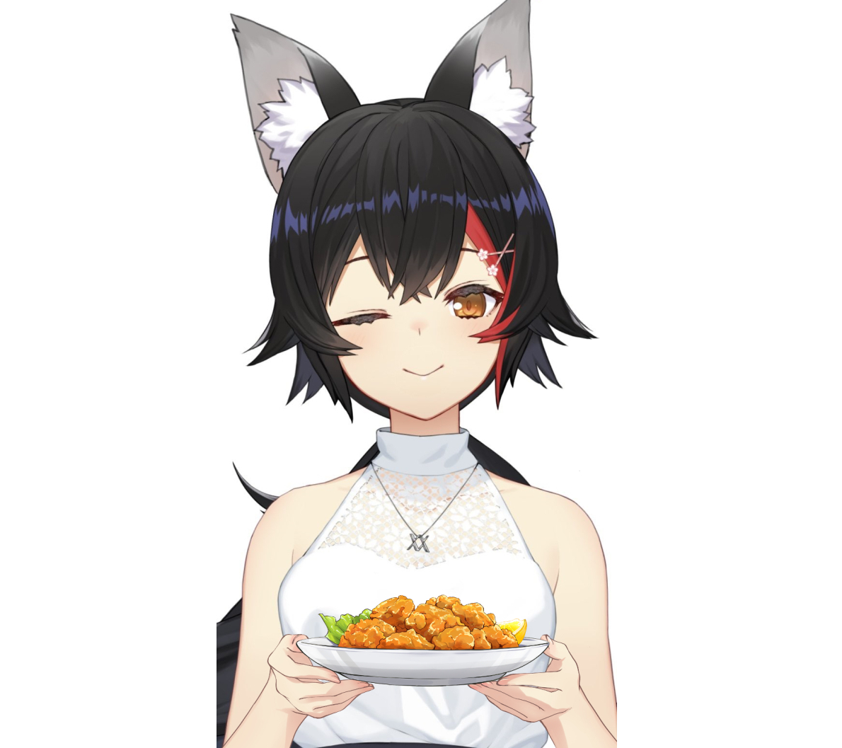 ookami mio 1girl animal ears solo one eye closed black hair wolf ears red hair  illustration images