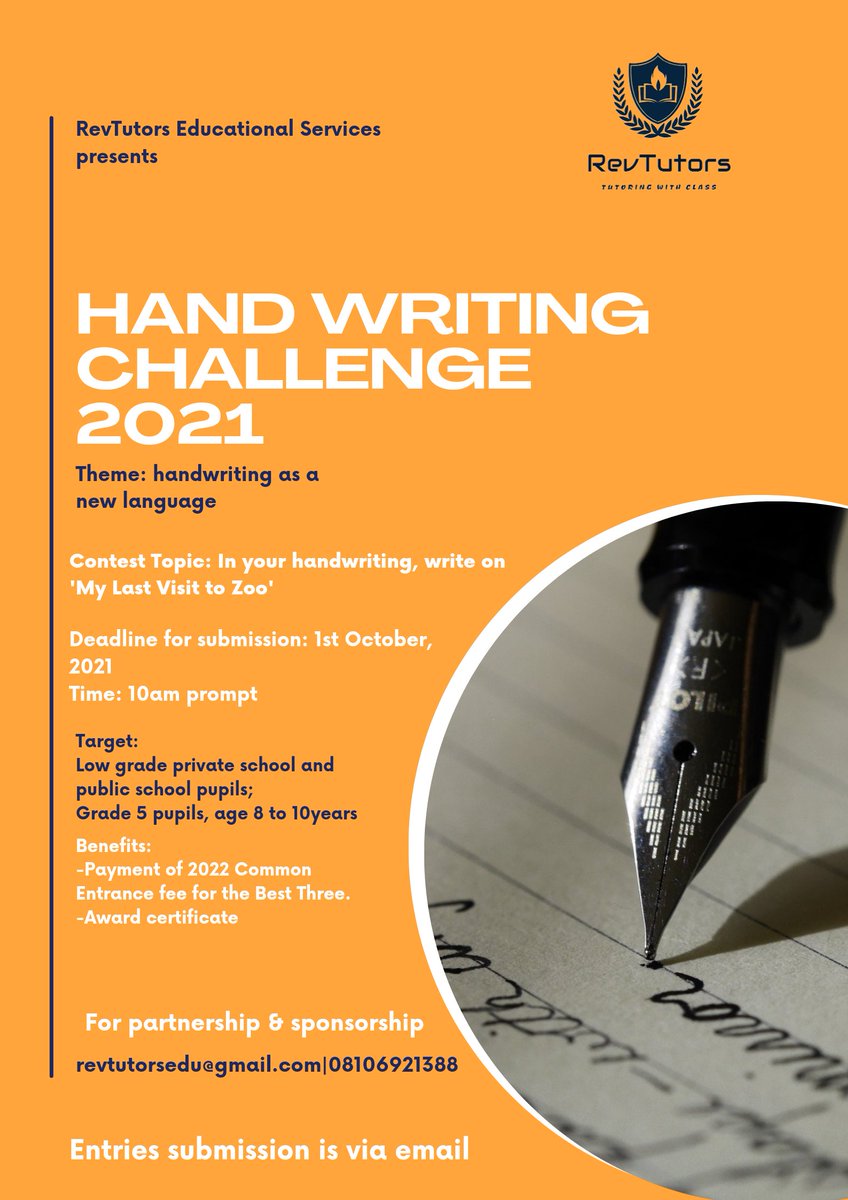 RevTutors's tweet photo. Hey! 

Do you have or know a pupil with good handwriting?

Share this with him or her @IbileyeA @AgboolaBiyi @ProfOsinbajo @YemieFASH @DrJoeAbah @OgbeniDipo @Debiwumi @JointSDGFund @youthsdgssummit #sdg4 #HandwritingChallenge21 https://t.co/tzwX1jfevz