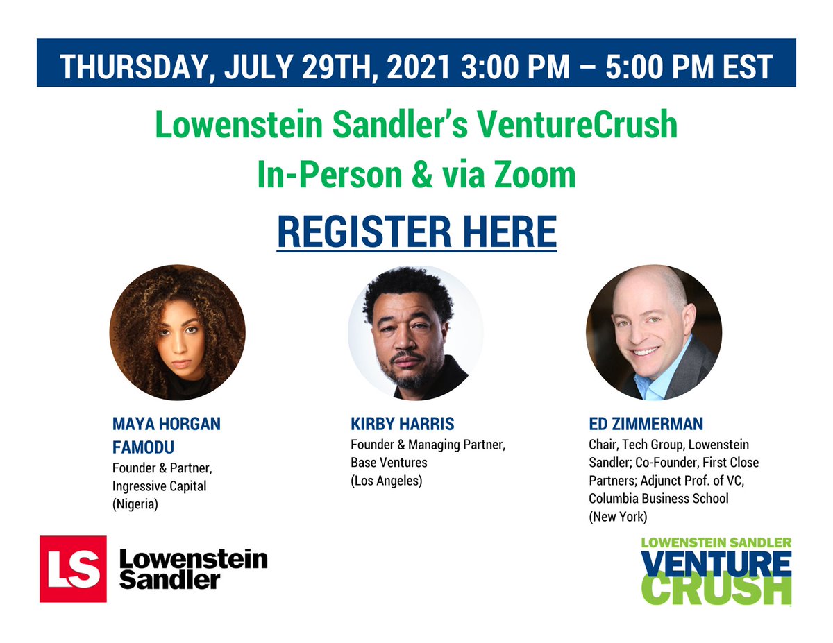 We are excited to be hosting our first hybrid VentureCrush event, featuring @mayahorgan (founder <a href="/IngressiveCap/">Ingressive Capital</a>) &amp; <a href="/kirbydharris/">Kirby Harris</a> (co-founder <a href="/basevc/">Base Ventures</a>). In person is super ltd for obvious reasons, but via Zoom is wide open &amp; free. Register here: my.lowenstein.com/18/3164/landin…