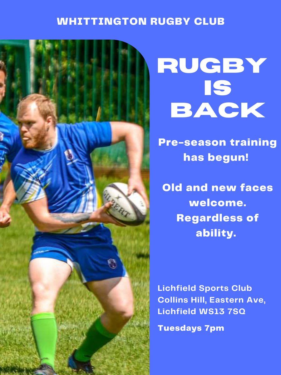 whittingtonRUFC's tweet photo. Rugby is back! 
 .
Pre-Season Training is underway so join us on Tuesday 7pm!
.
Whittington RUFC welcome any old and new faces to come on down regardless of ability or rugby experience.
.
For any questions or info feel free to message us! https://t.co/8Bmnr5vFJr