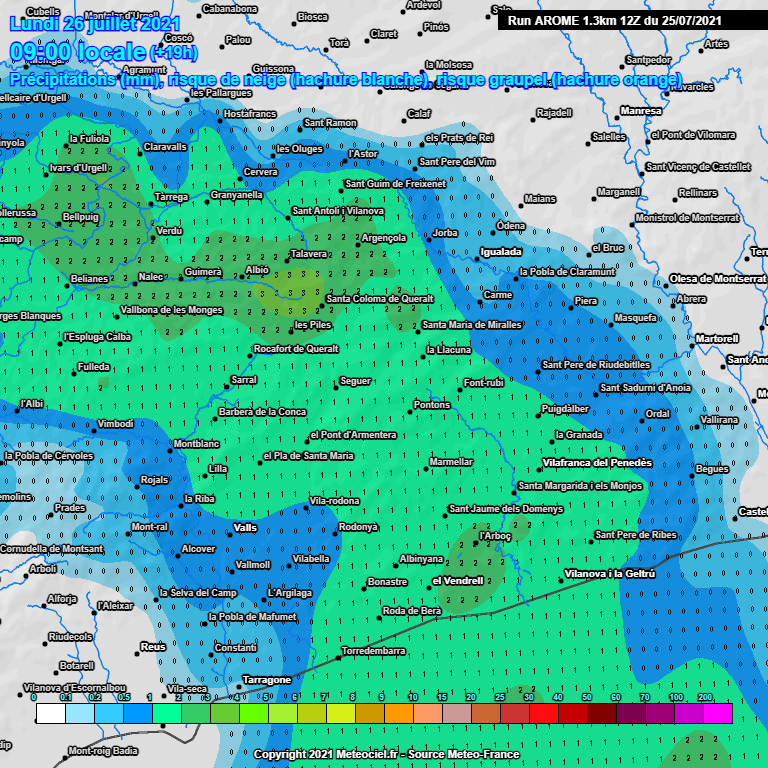 Demà dilluns la pluja pot fer presència a l'#IFSantaColomaQueralt. Alguns mapes donen aquesta possibilitat a mig matí i a la tarda en els millors dels escenaris. No s'espera una gran regada ni molt menys però ajudaria, de ben segur. Així mostra la possible precipitació l'AROME: