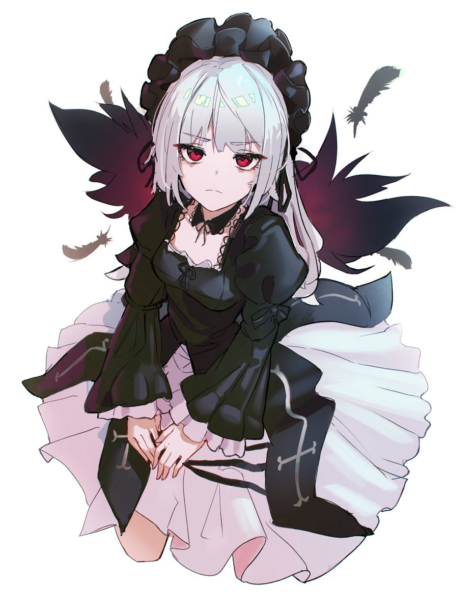 suigintou 1girl solo dress red eyes wings white background feathers  illustration images