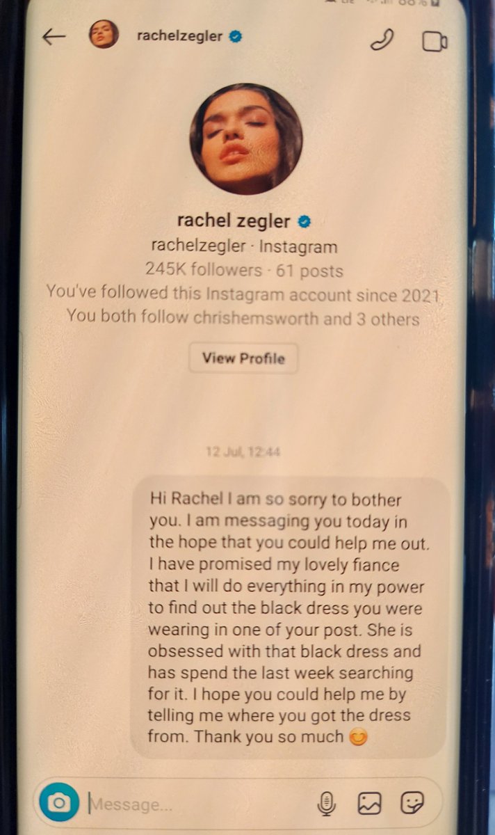 _Caarriee_'s tweet photo. So I told the love of my life it was my dream to find Rachel's dress and I noticed he had started following her on Instagram. Turns out he messaged her this 😭 How can I dream of a dress when he is the real dream come true 😭🥺❤ #luckiestgirlalive #rachelzegler 🥰
@rachelzegler https://t.co/7VkO72XmKi