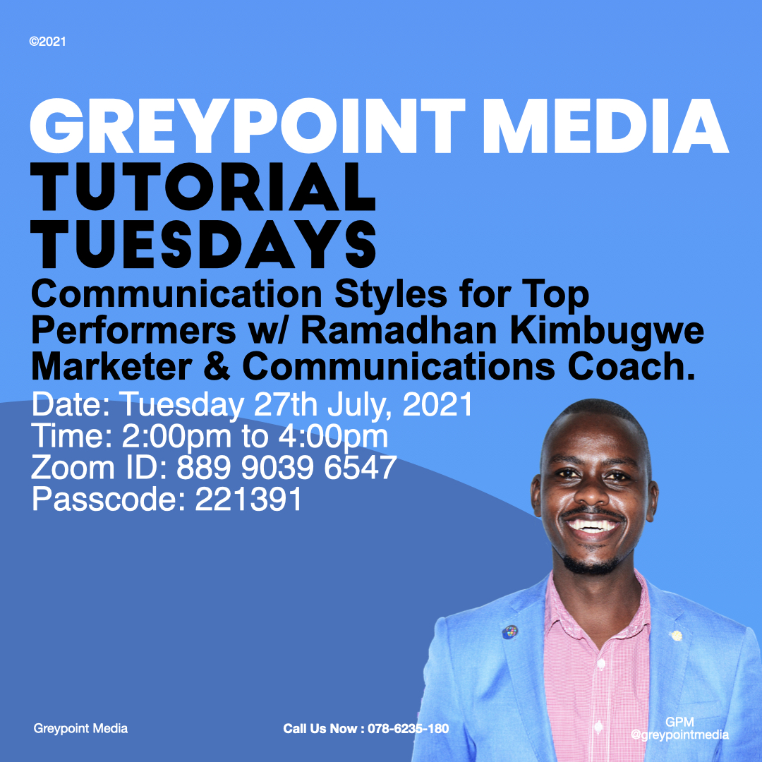 greypointmedia's tweet image. This Week's Tutorial Tuesday will host the Marketing genius and Communications Master: Ramadhan Kimbugwe @RamaTED19 . Make Sure not to miss it. Prepare all your Effective Commnications questions. You can watch Last week's session here: youtu.be/hEU7rSw5Llc #TutorialTuesdays