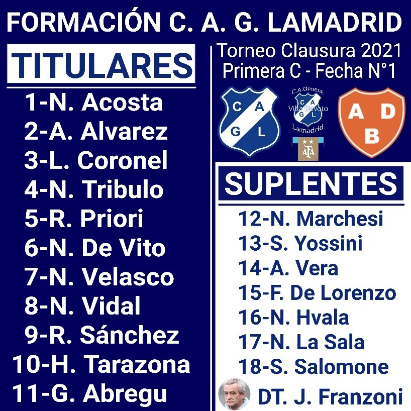 cgrallamadrid's tweet photo. #PRIMERADIVISIÓN
Así formará Lamadrid esta tarde, en su encuentro frente a Berazategui, por la primera fecha del Torneo Clausura 2021 de la Primera C.
#formación
#fecha1
#torneoclausura2021
#afa
#primerc
#lamadrid
#villadevoto
#devoto https://t.co/wNUGMW3TPL