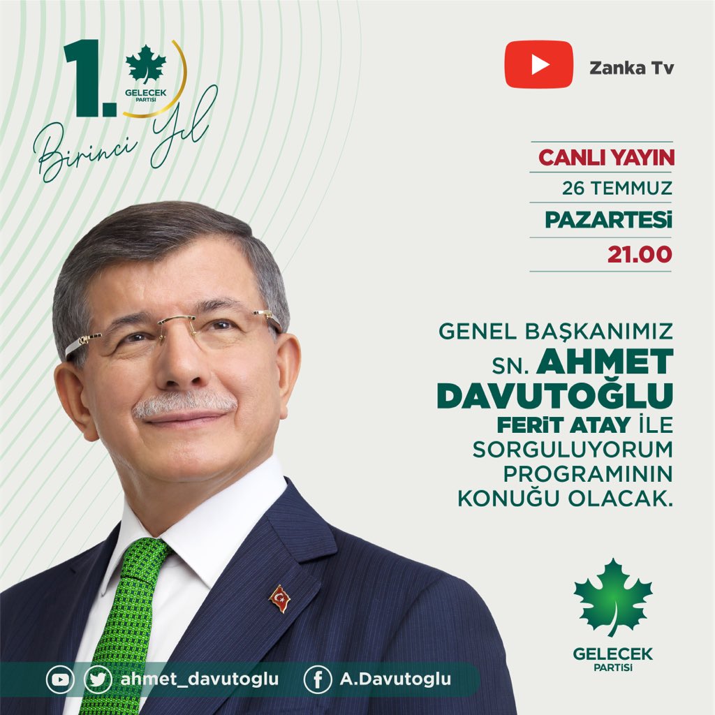 Genel Başkanımız Sayın Ahmet Davutoğlu, Ferit Atay ile Sorguluyorum programının konuğu olacak.

🗓  26 Temmuz Pazartesi 
⏰  21.00
📺  Zanka Tv
📺  Canlı Yayın
📺  facebook.com/gelecekpartitr
📺  x.com/gelecekpartitr
📺  youtube.com/gelecekpartisi…