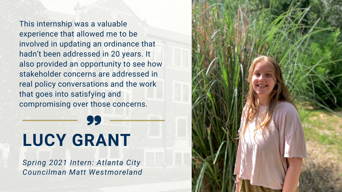 sppgatech's tweet image. #InternshipUpdate - Lucy Grant is a 5th-year public policy student and physics minor from Atlanta, GA. Last spring, Lucy interned with Atlanta City Councilman Matt Westmoreland (@WestmorelandATL) and supported efforts to update the City of Atlanta&apos;s tree ordinance