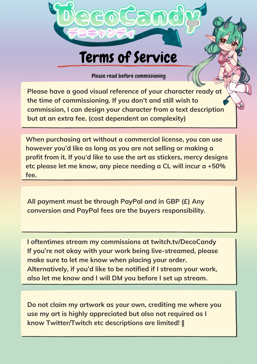 MekaCandy's tweet image. New comms sheet and TOS 💜