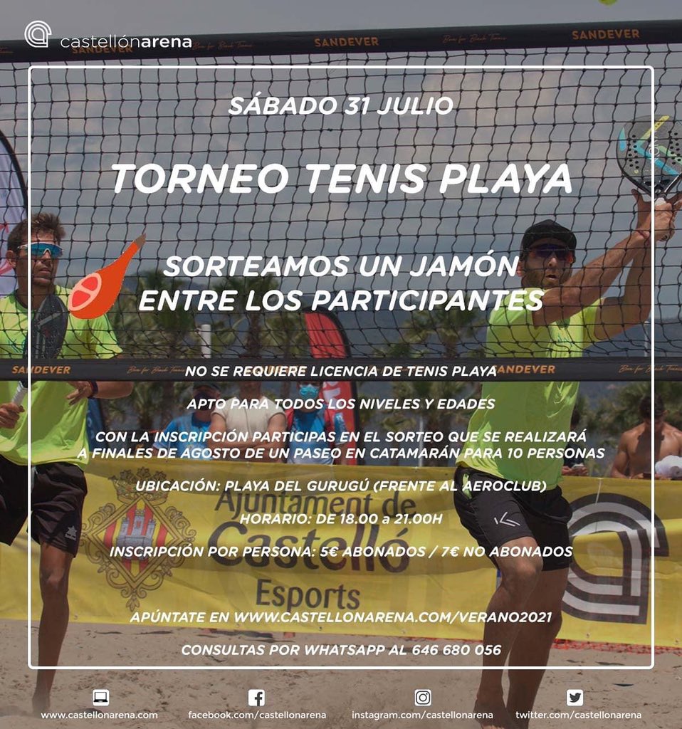 No te pierdas el “TORNEO DEL JAMÓN”

Info e inscripciones en castellonarena.com/verano2021

#castellonarena #EstoyEnCastello #beachtennis #tenisplaya #torneosocial