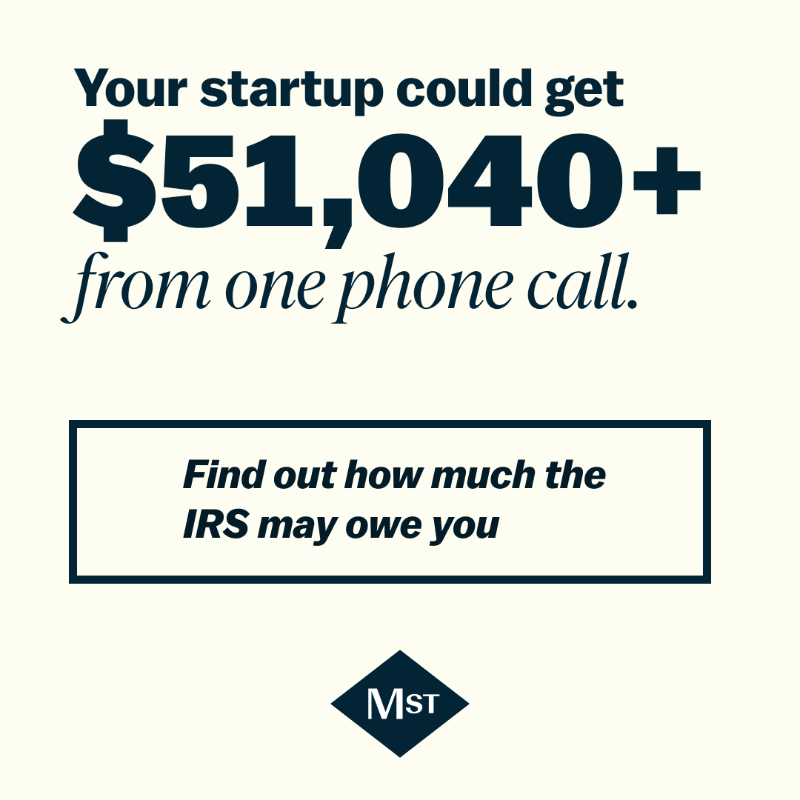 MainStreet's tweet photo. The IRS wants to give your startup money – maybe as much as $250,000. And MainStreet will do all the work to claim it for you. 

This is the easiest financial decision you’ll make all year. 

Book your free onboarding today.