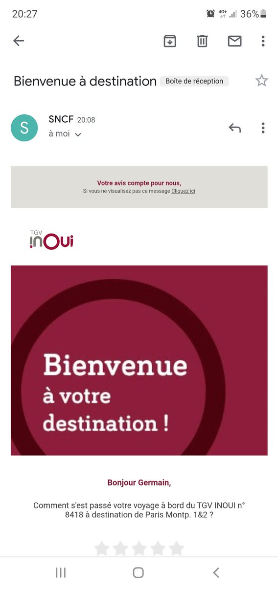 GermainH's tweet photo. Bonjour @SNCF Déjà en temps normal ce genre de mail totalement inutile m'agace mais quand on est bloqué depuis 3h sans savoir si on va arriver, c'est des très mauvais goût https://t.co/2vI0MdQ2W9