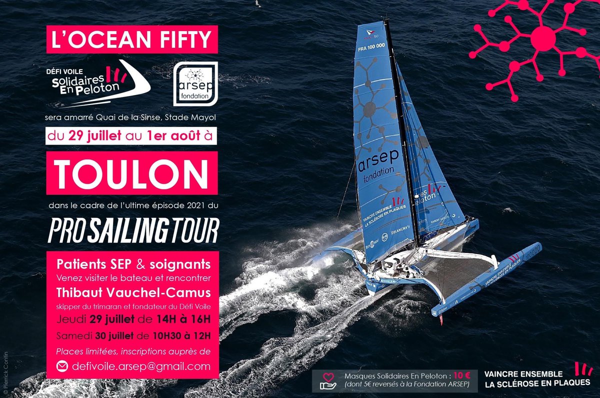 J-3️⃣ avant l'ultime Épisode du <a href="/ProSailingTour/">Pro Sailing Tour</a> à 📍𝗧𝗼𝘂𝗹𝗼𝗻

👉 Patients SEP et soignants de la région toulonnaise, venez découvrir le trimaran porteur du message d'espoir : "Vaincre ensemble la sclérose en plaques" !