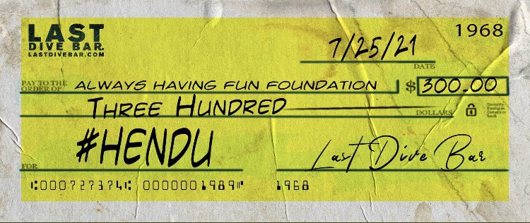 LastDiveBar's tweet photo. Happy to make another donation to @AHFF42! Thank you to the 10 people that bought the Henduland pins. This donation was because of you! #AlwaysHavingFunFoundation #Hendu 💚💛 https://t.co/HHIOBMg5FC