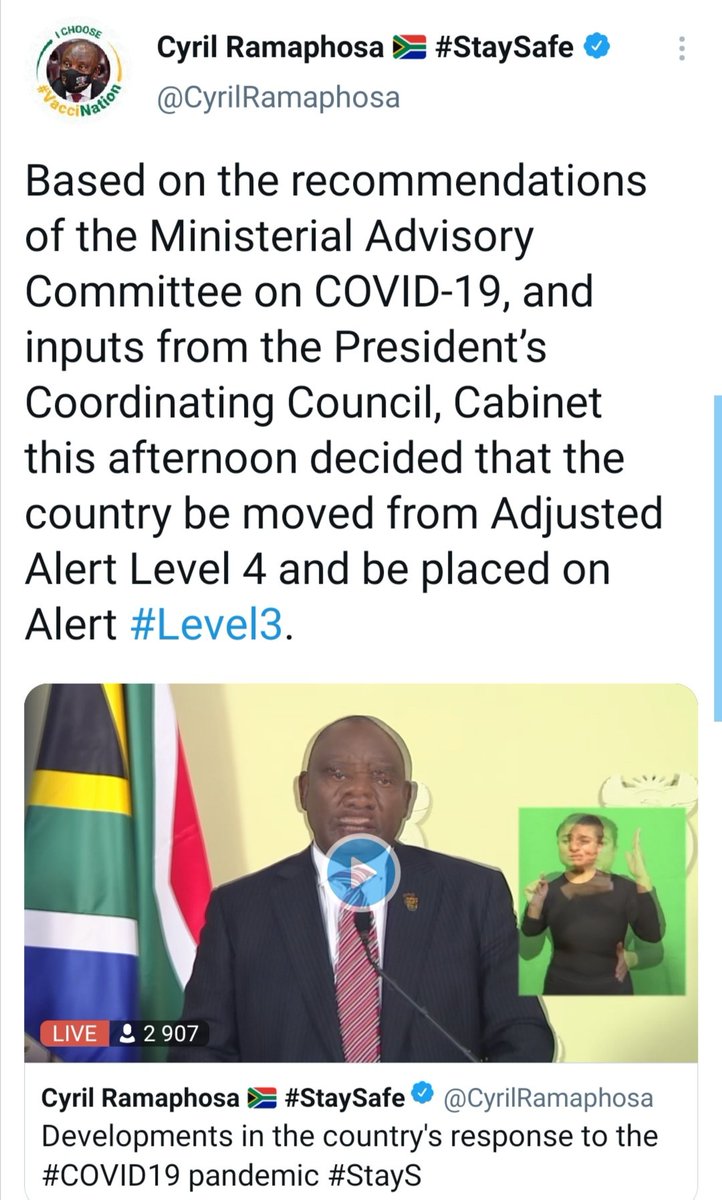 pscbcnews's tweet image. South Africa will be moved to adjusted #Alertlevel3. This effect will take effect later this evening once the regulations have been gazetted.