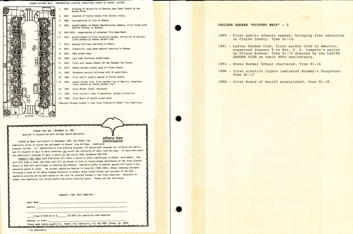 Did you know that the trees planted at College Square in 1981 each commemorated an important event in Georgia history? The Heritage Room book collection includes a three-binder documenting the early planting projects of the Athens Tree Commission. Come and take a look!