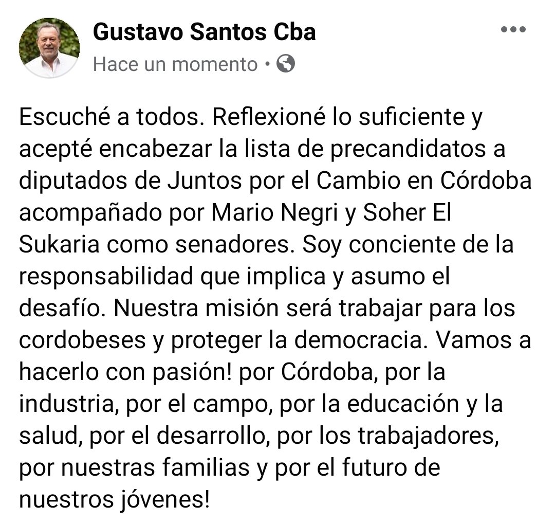 GustavoSantosOk's tweet photo. Agradecido por la oportunidad de encabezar como precandidato a Diputado Nacional de Juntos por el Cambio en estas próximas elecciones legislativas. Voy a defender a Córdoba como lo hice en toda mi vida. https://t.co/LwUGgWGnia
