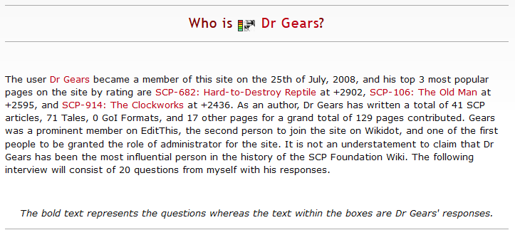 A screenshot of the interview, explaining who Dr. Gears is.