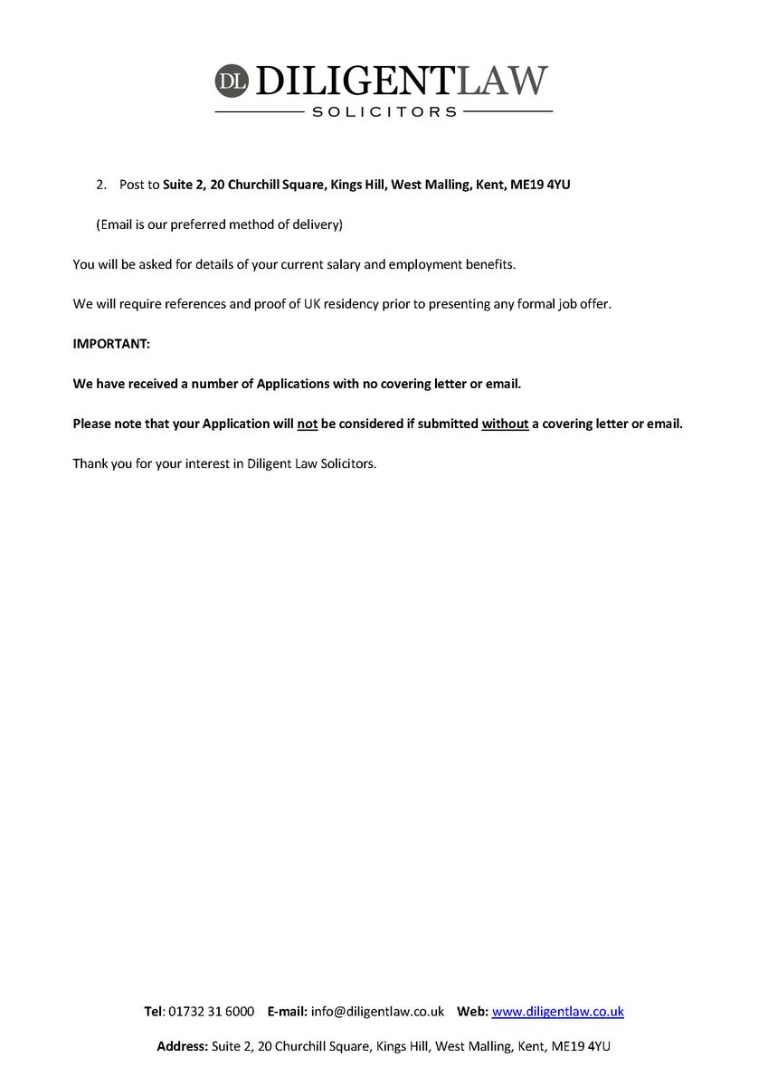 DiligentLaw's tweet photo. DILIGENT LAW SOLICITORS 
ARE RECRUITING FOR A PART TIME 
PRIVATE CLIENT FEE EARNER!
PLEASE SEE ATTACHED ADVERT! https://t.co/KRheyOizAM