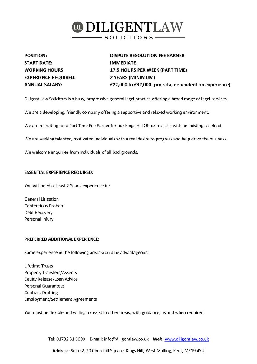 DiligentLaw's tweet photo. DILIGENT LAW SOLICITORS 
ARE RECRUITING FOR A PART TIME 
DISPUTE RESOLUTION EARNER!
PLEASE SEE ATTACHED ADVERT! https://t.co/B7VOseX30m