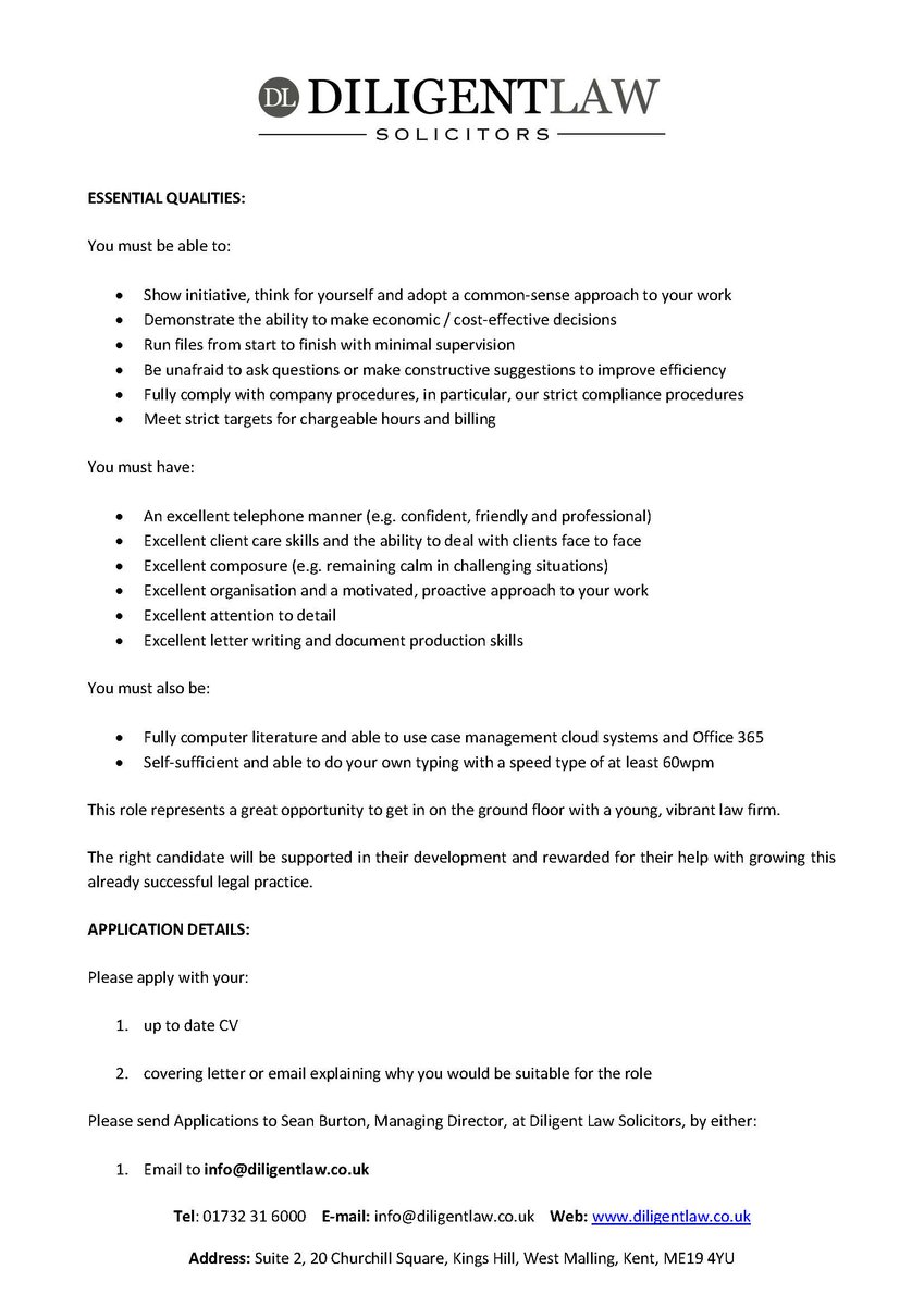 DiligentLaw's tweet photo. DILIGENT LAW SOLICITORS 
ARE RECRUITING FOR A PART TIME 
DISPUTE RESOLUTION EARNER!
PLEASE SEE ATTACHED ADVERT! https://t.co/B7VOseX30m