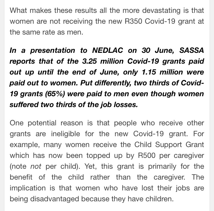 The way that women were discriminated against for SRD because they received grants on behalf of their kids (CSG) was made explicit by research by Daniela Casale, <a href="/debbidooda/">Dr Debs</a> Tim Kohler &amp; lots of other <a href="/NIDS_CRAM/">NIDS-CRAM</a> researchers! Go team 🙌 &amp; go policymakers! nicspaull.com/2020/07/17/wom…