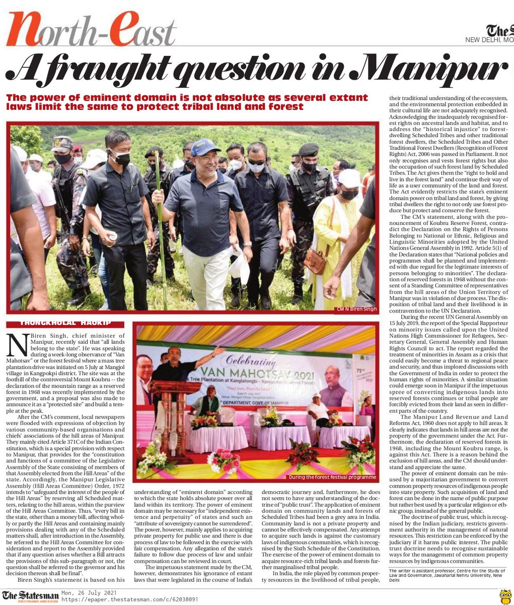 The power of eminent domain of State is not absolute as several extant laws limit the same to protect tribal land and forest.

#Manipur #TribalLand #IndigenousPeoples #LandLaws #ExtantLaws #LandAlienation #IndigenousLand