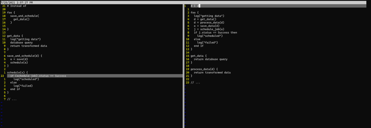 hillelogram's tweet photo. When writing complicated effectful code, one pattern I really like is a flat, wide call graph. One "process" procedure, every function call doing *at most one* side effect, all the control flow and coordination is in the root. Makes it easier for me to reason about what goes on https://t.co/miGQcQcTBJ