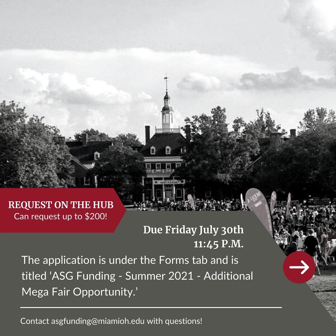 MiamiASG's tweet photo. ❗️STUDENT ORGANIZATIONS❗️⁣⁣⁣
⁣⁣⁣
Funding is now available to request for student organizations who wish to participate in this years Mega Fair! The application is due by Friday July 30th at 11:45 P.M.⁣⁣
⁣⁣ https://t.co/bQr3WQAY4b