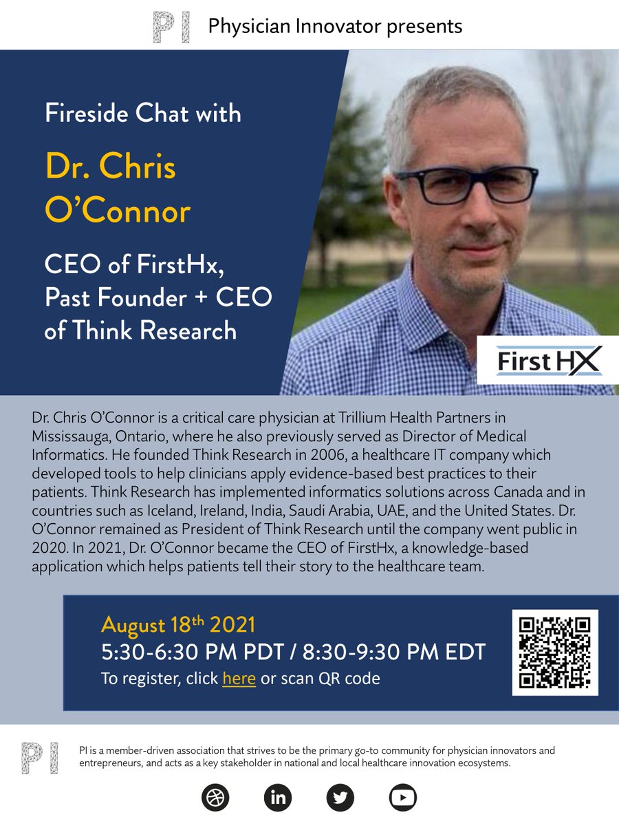 Come out to our next Fireside Chat Aug. 18th with Dr. Chris O'Connor CEO of <a href="/first_hx/">FirstHx</a> where we'll discuss medical innovation including the future of history taking. Sign up for free: us02web.zoom.us/meeting/regist…