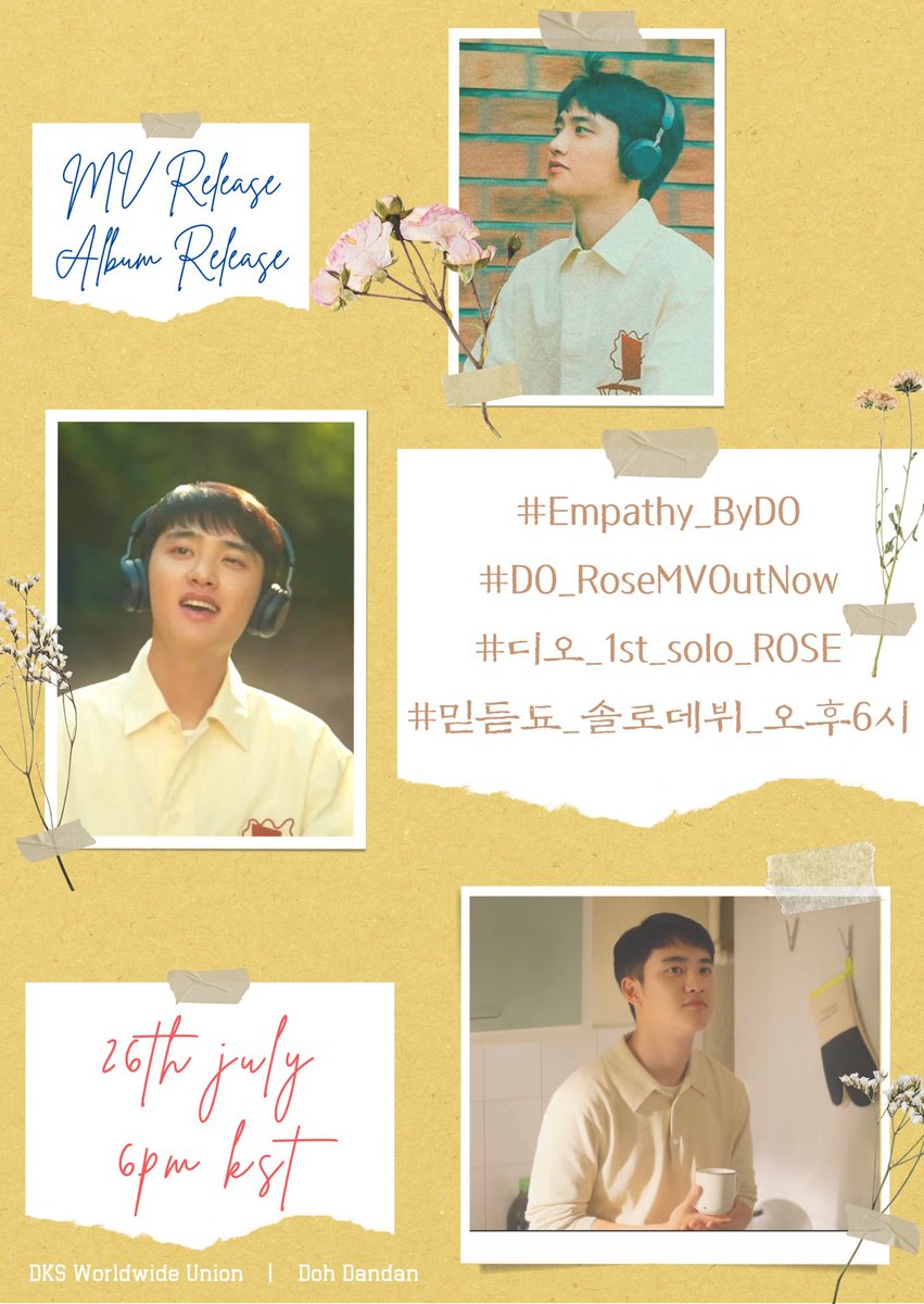 📢 PENGUMUMAN HASHTAG 📢
 Rilis Album & MV ' Rose ' 🌹

⏰ Mulai pukul 18:00 KST / 16.00 WIB
🗓️ 26 Juli, HARI INI ‼️

#️⃣Empathy_ByDO
#️⃣DO_RoseMVOutNow
#️⃣디오_1st_solo_ROSE
#️⃣믿듣됴_솔로데뷔_오후6시

#엑소디오#디오#DO(D.O.)#KyungSoo
@weareoneEXO