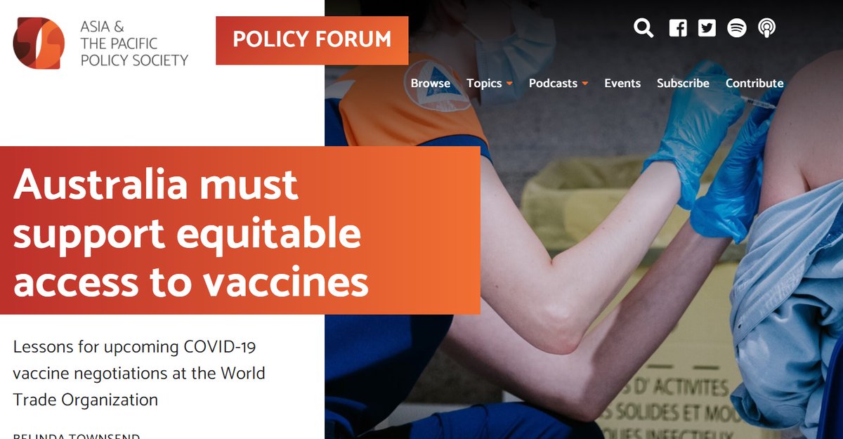 Australia should support the #TRIPS waiver on equitable access to vaccines at upcoming @WTO this week. My latest in @APPSPolicyForum draws on lessons for Aus from the #RCEP negotiations in which advocates defended #access2meds. #NoCovidMonopolies Read here bit.ly/3rxJrxV