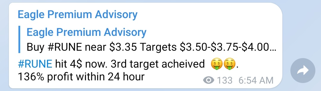 eagle_advisor's tweet photo. #RUNE call was given at 3.35$. 136% profit in future trade within 24 hour. 

Join our channel :- $RUNE #UNFI $UNFI #SKL $SKL #BTT $BTT #BSC $BNB #BNB #ALGO $ALGO #MATIC $MATIC #Polygon #DOT $DOT #Chainlink $LINK #EGLD $EGLD #TKO $TKO #FIL $FIL #CHZ $CHZ #ETC $ETC #LUNA $LUNA https://t.co/ycqXSuZKfp
