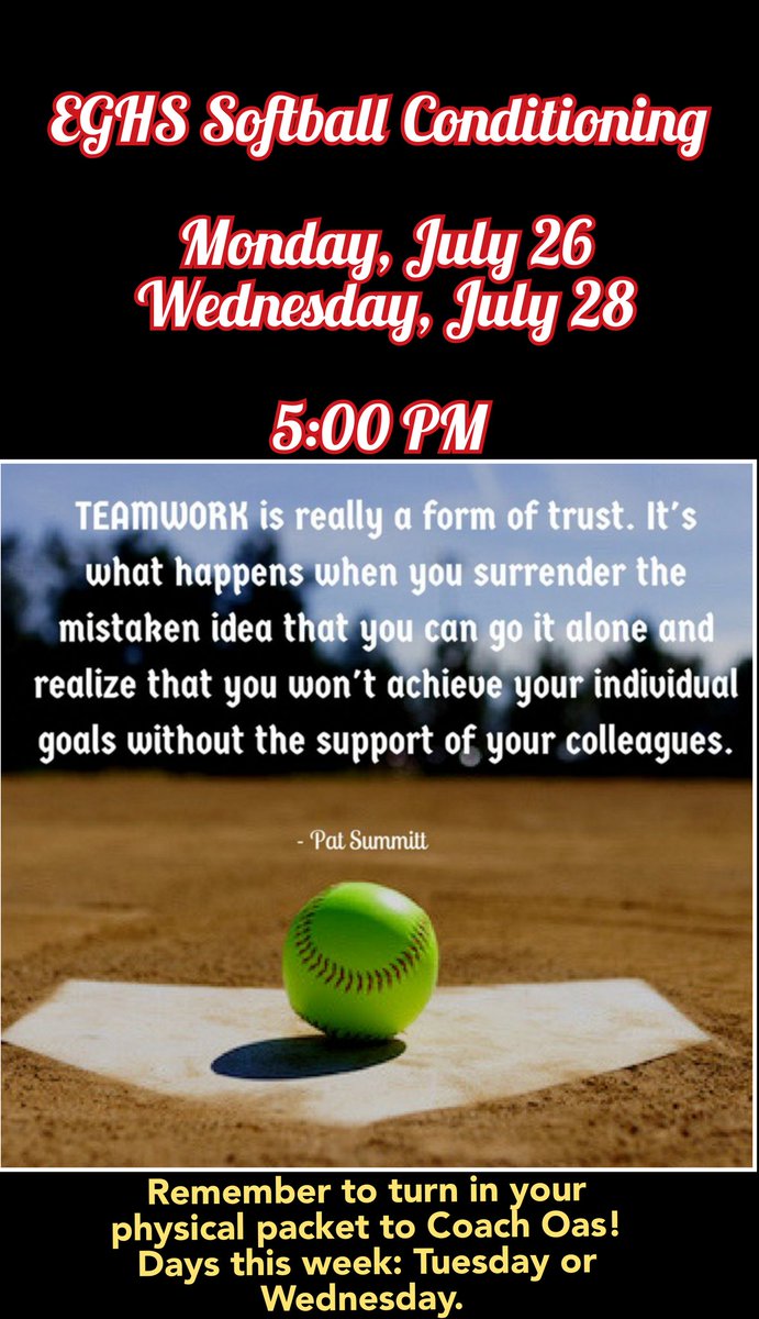 Softball Conditioning this week: 
Monday, July 26
Wednesday, July 28
5:00 PM
#eghs #eghssoftball #anchordown #commodorenation #noonecaresworkharder