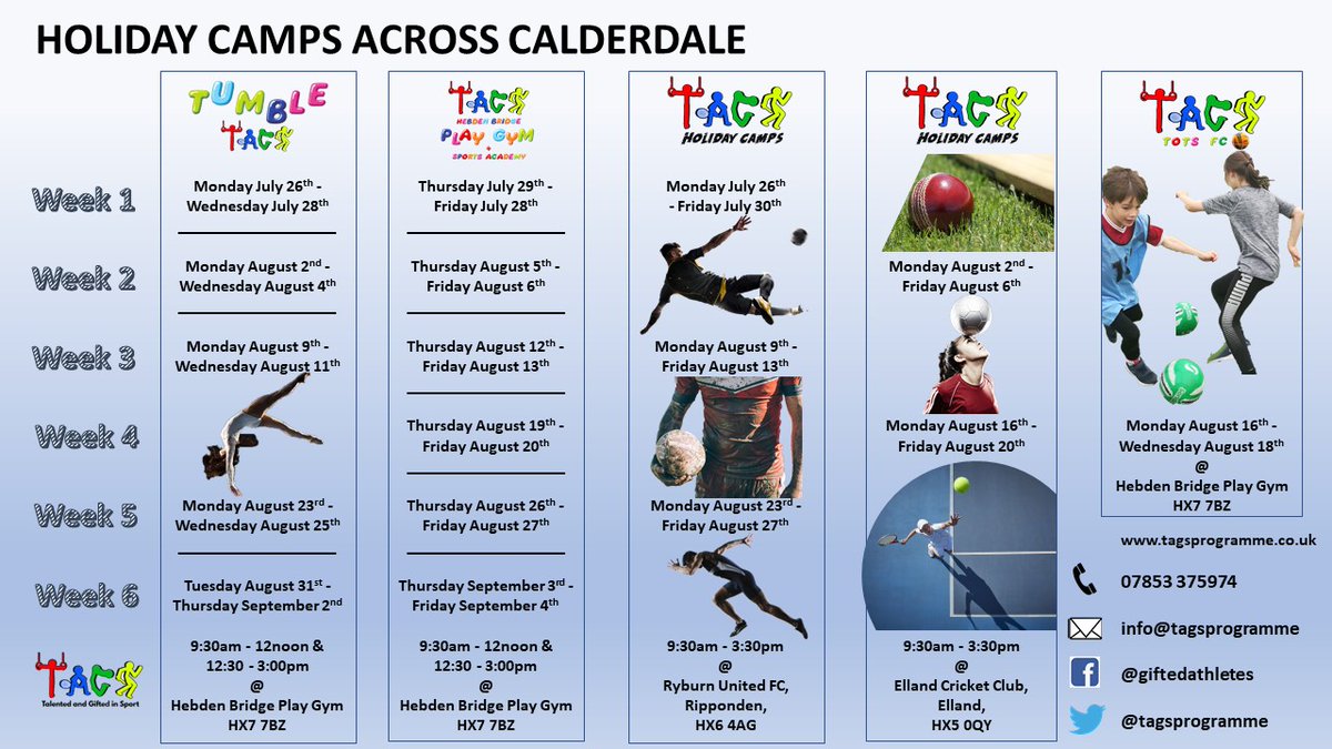 tagsprogramme's tweet photo. #summerholidays camps start tomorrow!
Tumble TAGS 3-13 Yrs (FULL)
@HebdenA 
Multi-Sport 5-13 Yrs (3 Spaces)
@RyburnUtdJnrsFC 
Multi-Sport 5-13 Yrs (Few Places)
@zarasports2020 
Tumble TAGS 0-3 Yrs 
Mon/Tues/Wed classes moved to Thurs/Fri
Thanks @CalderdaleFound
#FoundationFunded https://t.co/lpR3U5Jumd
