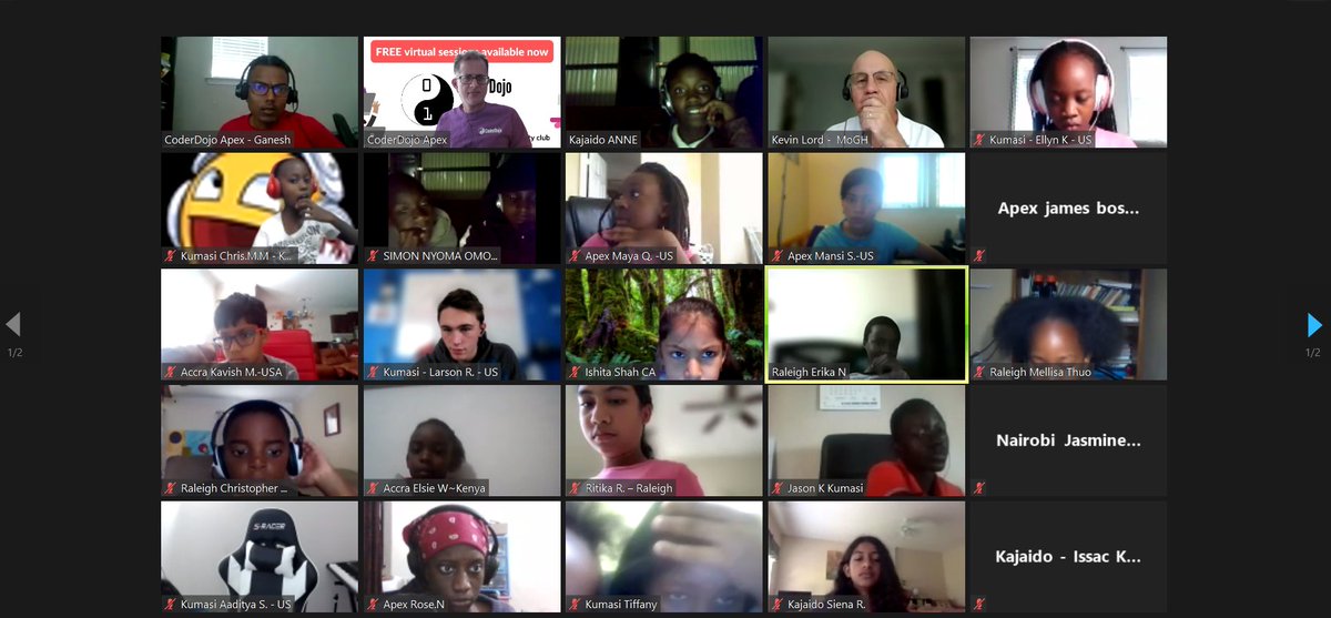 coderdojoapexnc's tweet photo. SSA Program Week 2 saw participants from Ghana, Kenya and US  learning &amp; making their first projects from #CoderDojo Learning Paths. Breakout rooms led by our Ninjas featured lightning talks and fun icebreakers. https://t.co/XEXyScXyCS