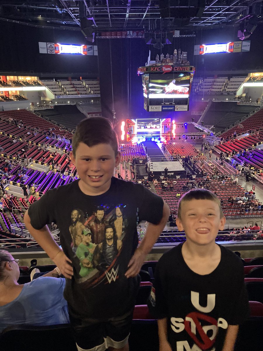 STEMEd_Kayla's tweet photo. First live @WWE show. Here’s a couple of VERY excited boys. Looking for @JohnCena 👀 #WWELouisville https://t.co/50LfJywVj0