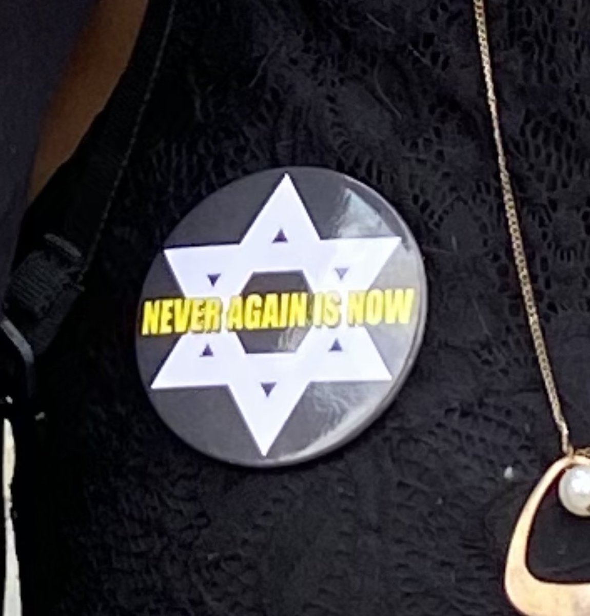 elaadeliahu's tweet photo. A few people had pins of a Star of David with “never again is now” written over it. They told me this was in reference to “vaccine segregation” https://t.co/X8OvoFmgjU