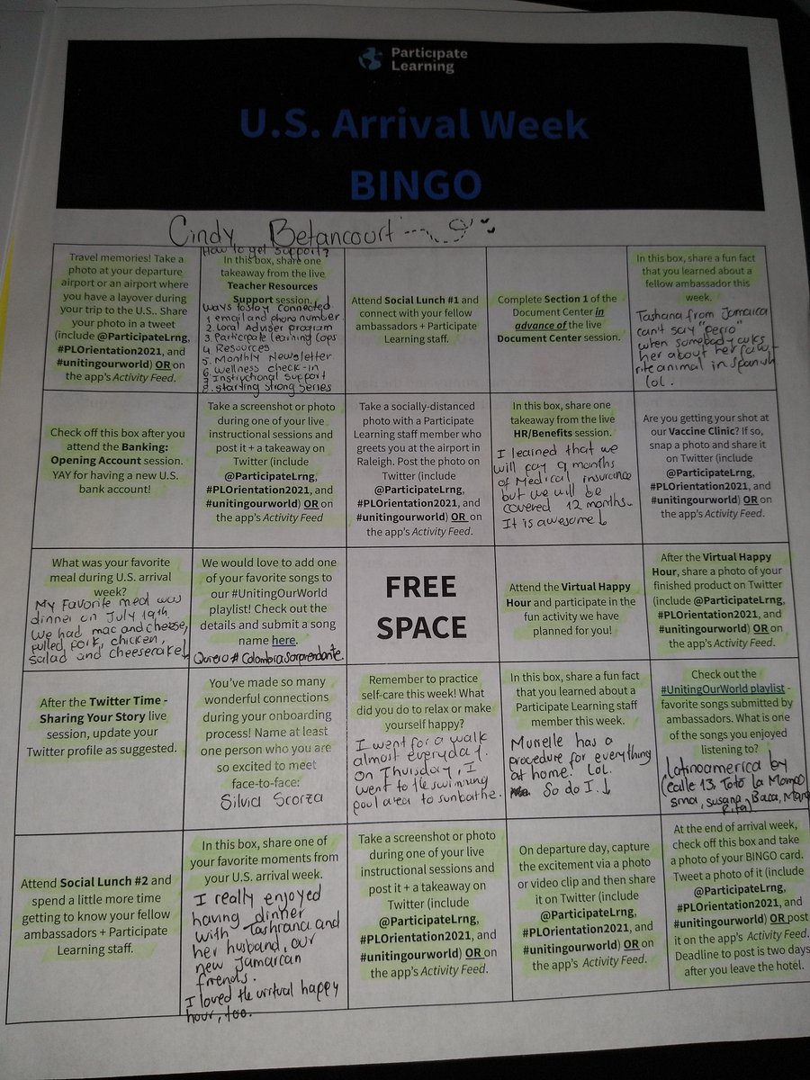 I complete my U.S. Arrival Week Bingo. I had a lot of fun this week @ParticipateLrng #PLOrientation2021 what a great way to make new connections and meet new friends #unitingourworld