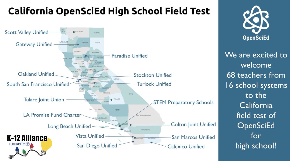 1/2 IT'S FINALLY HERE! We're excited to kick off the HIGH SCHOOL field test for #OpenSciEd with 16 school systems in California. Our 68 teachers and their students will test and give feedback on the 1st units this fall (anticipated public release ~12mos) #CANGSS #NGSS #NGSSChat