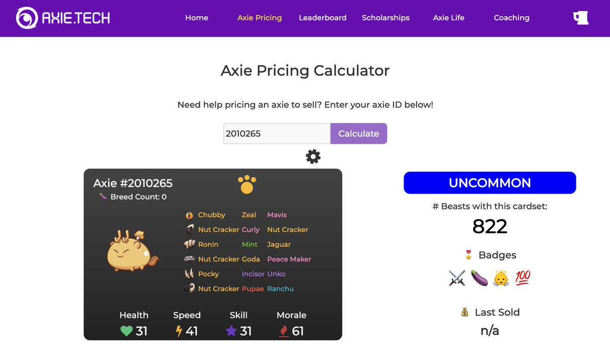 bestaxies's tweet photo. 🛠 The https://t.co/COpKZ7ApyN pricing calculator has been upgraded!

1. Showing recessive genes 🧬
2. Pricing accounts for eye/ear purity 🎯
3. Recent sales restricted to last 2 weeks 📅
4. Recommended pricing algorithm tweaked 🪛
5. Squashed a bug showing unique incorrectly 👢 https://t.co/Ngg7muOIR0