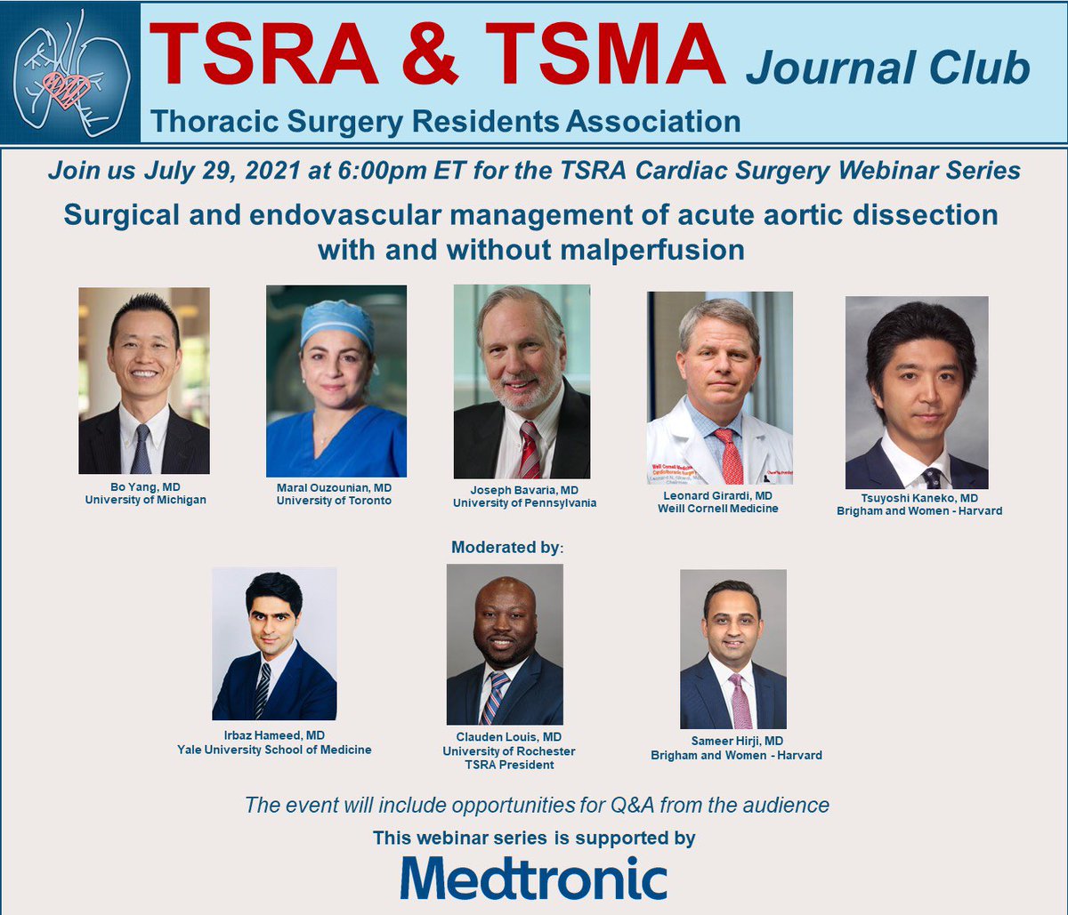 Upcoming webinar!🚨 Surgical and endovascular management of acute aortic dissection with and without malperfusion 🚨 Thursday,July 29, 2021 6:00PM EST. We will be joined by leaders in aortic surgery with opportunity for questions from audience. Registration link below.