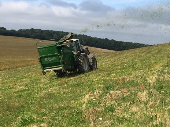 Big thanks to <a href="/kentwildlife/">Kent Wildlife Trust</a> &amp; vols, Dean Farm and <a href="/Elmstedcourt/">Elmsted Court Farm</a> for this this green hay transfer project taking 🌼rich hay from 2 sites and expertly spread by @farmerstu on his newly created wildflower bank to complete 3 mile corridor of 🌼rich grasslands in our Stone Street NRN