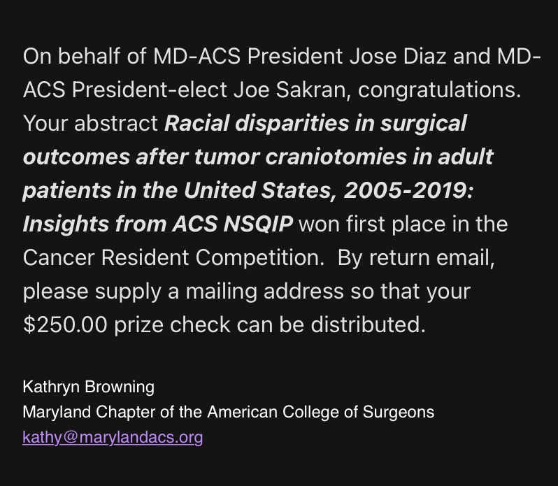 Deepthi Priyanka Mallela, MD, MPH (@deepthipmallela) on Twitter photo Humbled and honored to share that my neurosurgery paper abstract won first place in the ACS MD Chapter Cancer Resident Competition!! <a href="/HopkinsNsurg/">Johns Hopkins Neurosurgery</a> <a href="/HopkinsJSCOR/">Johns Hopkins JSCOR</a> <a href="/hopkinssurgery/">Hopkins Surgery</a> <a href="/JHHVascular/">JHH Vascular Surgery</a> <a href="/DebrajMukherjee/">Debraj Mukherjee</a> <a href="/CaitlinWHicks/">Caitlin Hicks MD, MS</a> <a href="/elliotthaut/">Elliott R Haut, MD, PhD, MAMSE</a> <a href="/JohnsHopkinsSPH/">Johns Hopkins Bloomberg School of Public Health</a> Humbled and honored to share that my neurosurgery paper abstract won first place in the ACS MD Chapter Cancer Resident Competition!! <a href="/HopkinsNsurg/">Johns Hopkins Neurosurgery</a> <a href="/HopkinsJSCOR/">Johns Hopkins JSCOR</a> <a href="/hopkinssurgery/">Hopkins Surgery</a> <a href="/JHHVascular/">JHH Vascular Surgery</a> <a href="/DebrajMukherjee/">Debraj Mukherjee</a> <a href="/CaitlinWHicks/">Caitlin Hicks MD, MS</a> <a href="/elliotthaut/">Elliott R Haut, MD, PhD, MAMSE</a> <a href="/JohnsHopkinsSPH/">Johns Hopkins Bloomberg School of Public Health</a>
