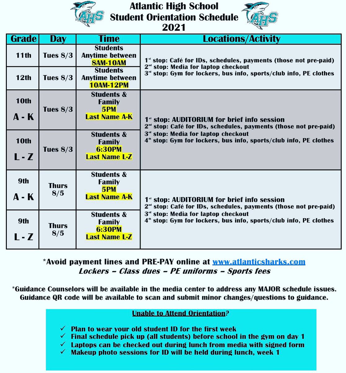 Student Orientation Schedule - we will be ready for our SHARKS! Spread the Word 🙌🏼🦈 #newyearnewsharks #finsWAYup